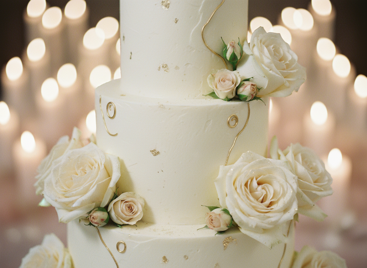 Wedding cake with fresh roses and gold detail