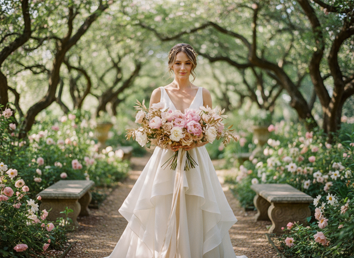 Bride in ivory gown with blush peony bouquet