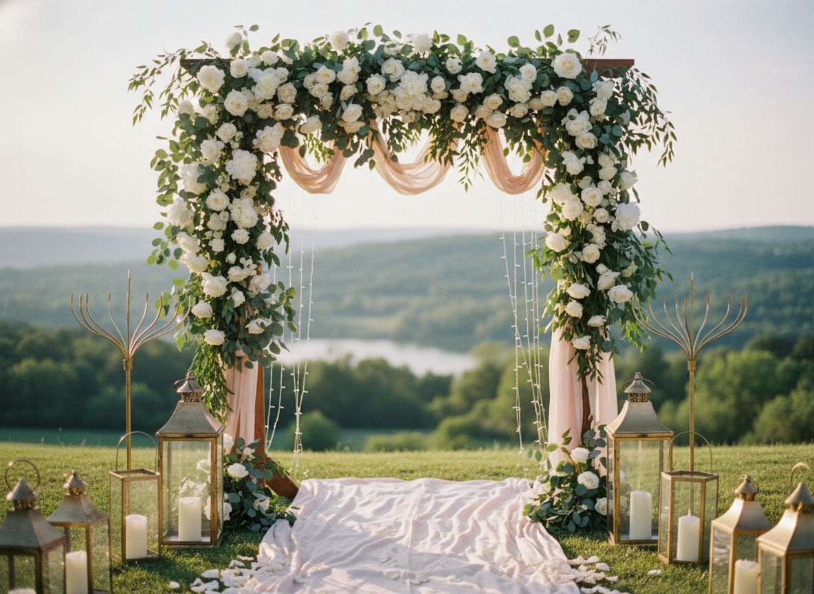 Floral wedding ceremony arch at golden hour