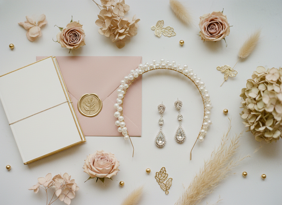 Bridal accessories flat lay with pearl headband