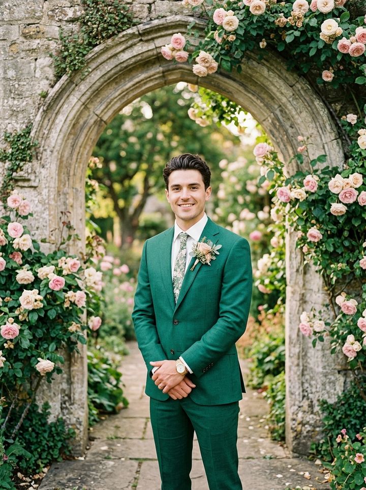 Groom in an emerald suit standing under a rose-covered stone archway