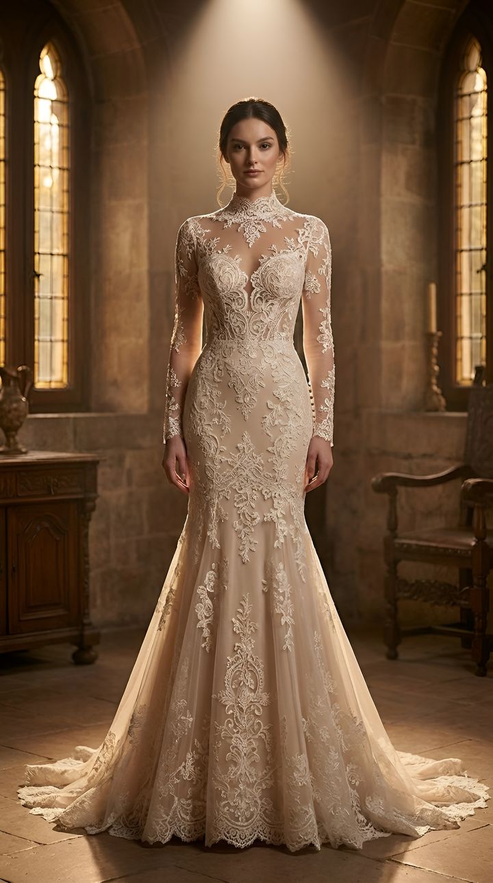 Bride in a high-neck champagne lace mermaid gown in a candlelit hall