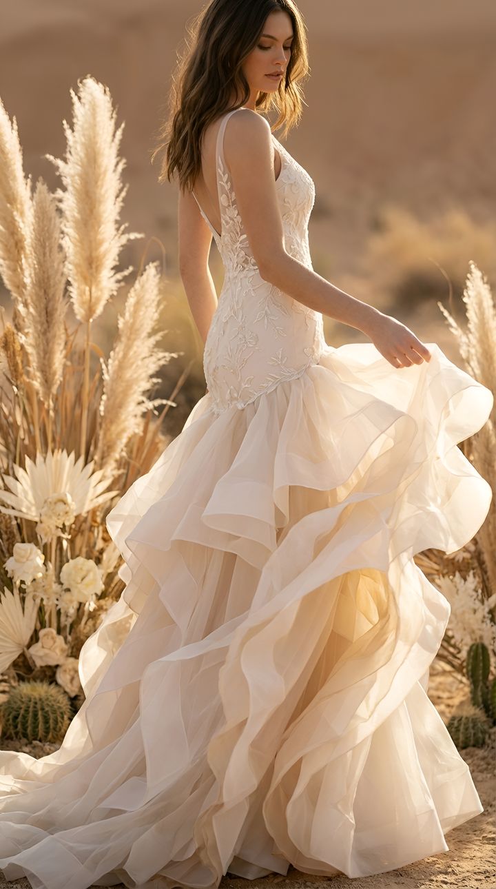 Bride in a ruffled ivory gown among tall pampas grass