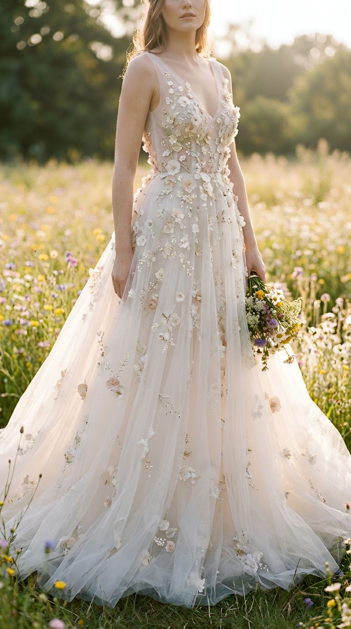 Bride in a floral appliqued tulle gown in a wildflower meadow