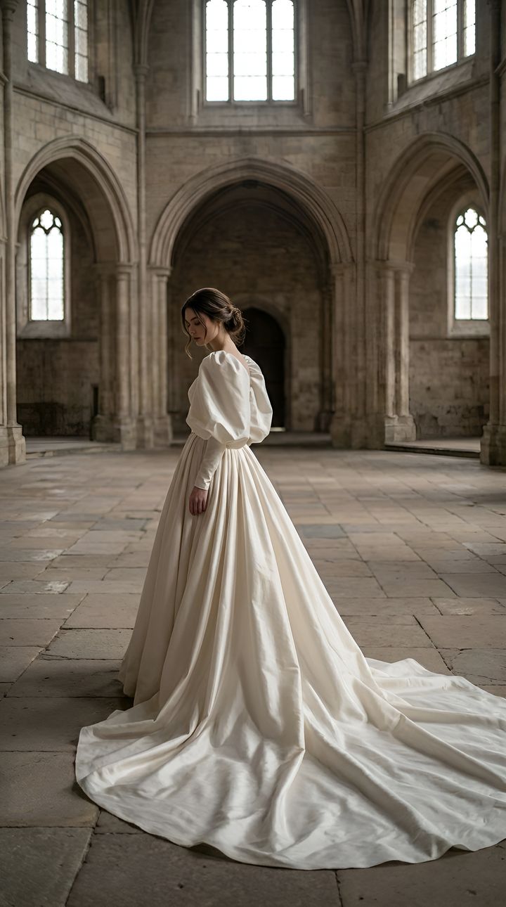 Bride in a long-sleeved satin gown with a sweeping train in a stone cathedral