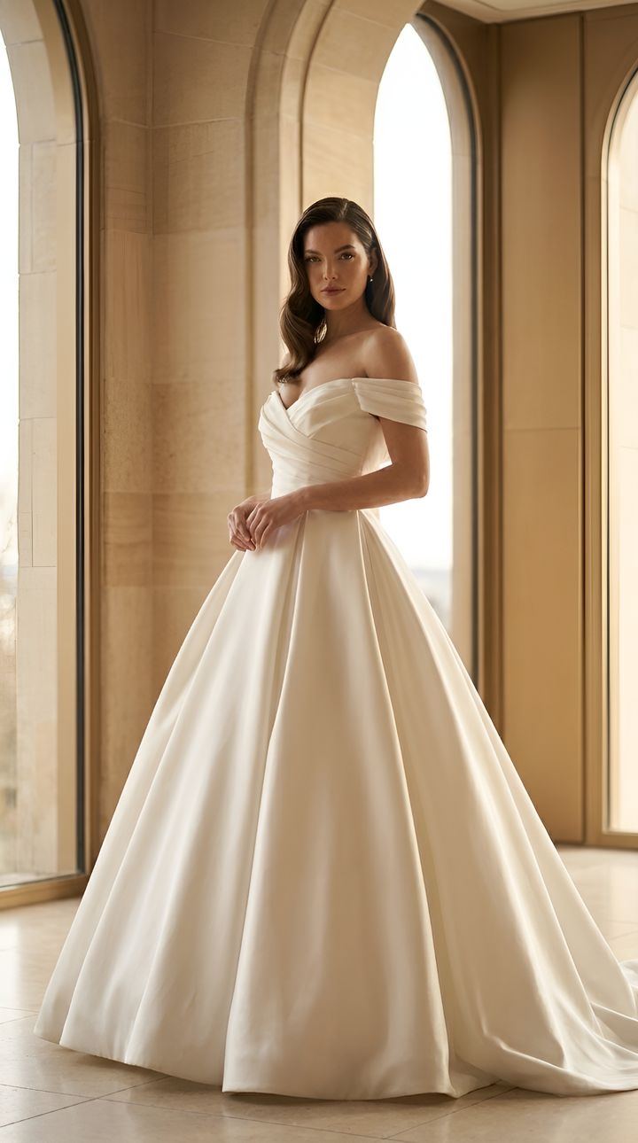 Bride in an ivory off-the-shoulder satin ball gown beside tall arched windows