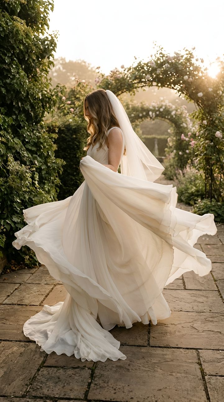 Bride with a flowing veil and chiffon skirt turning in a rose garden