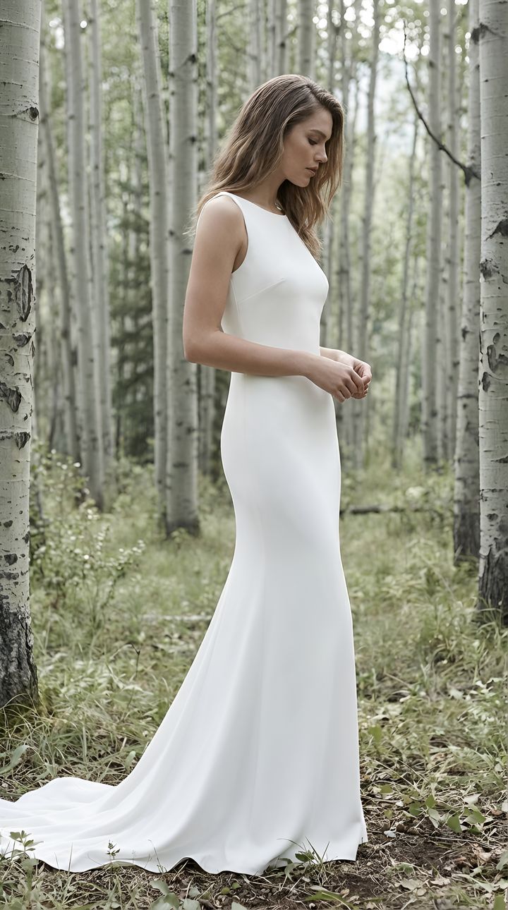 Bride in a clean sleeveless sheath gown in a birch forest