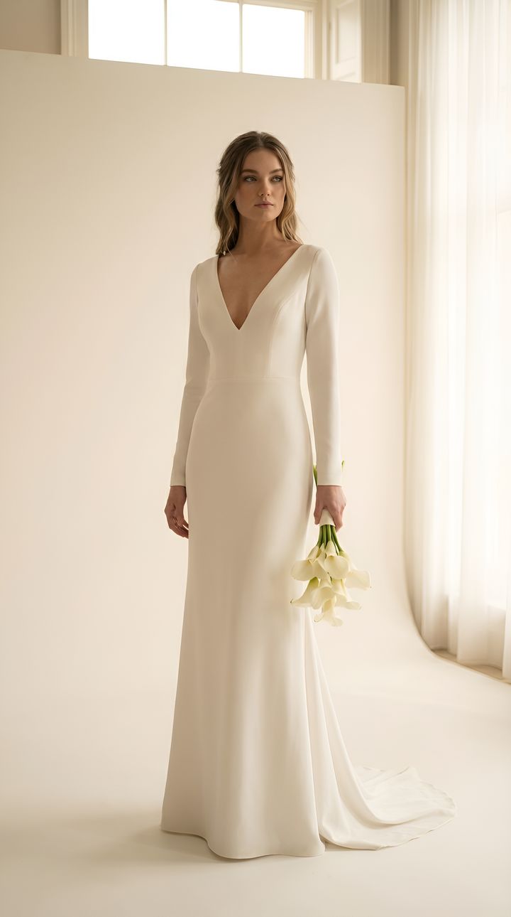 Bride in a sleek long-sleeved crepe gown holding calla lilies
