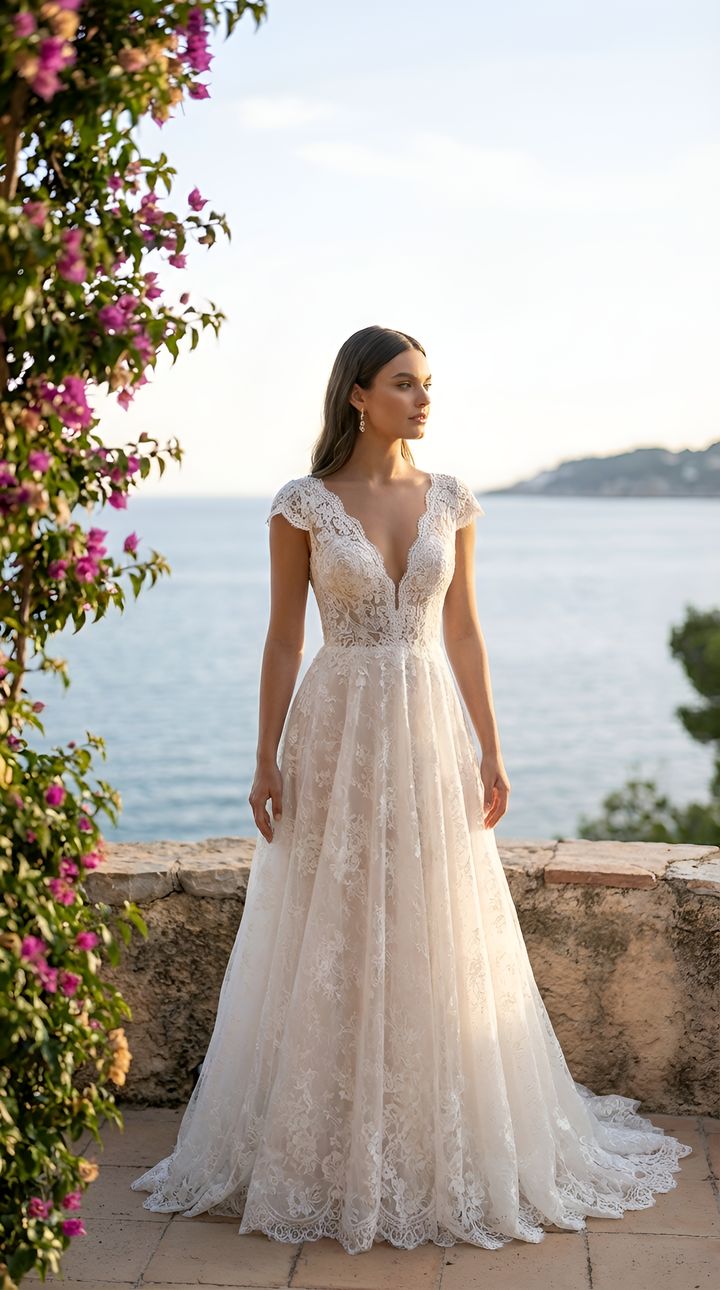 Bride in a lace A-line gown on a terrace above the sea