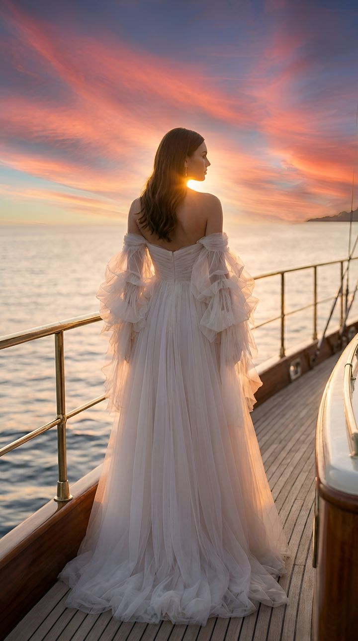 Bride in a sheer-sleeved gown on a boat deck at sunset