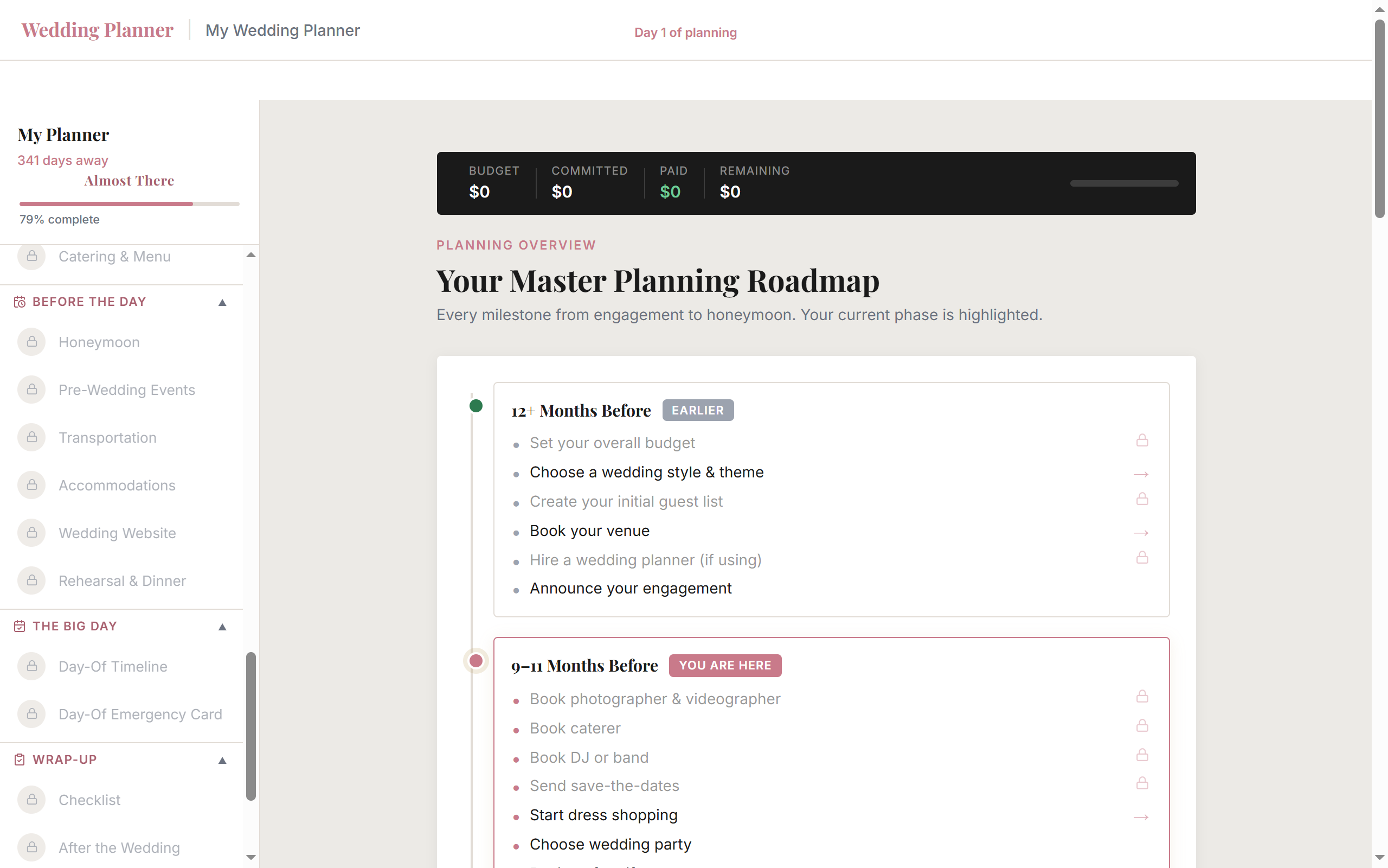 AI Wedding Inspiration wedding planner dashboard showing master planning roadmap and budget summary