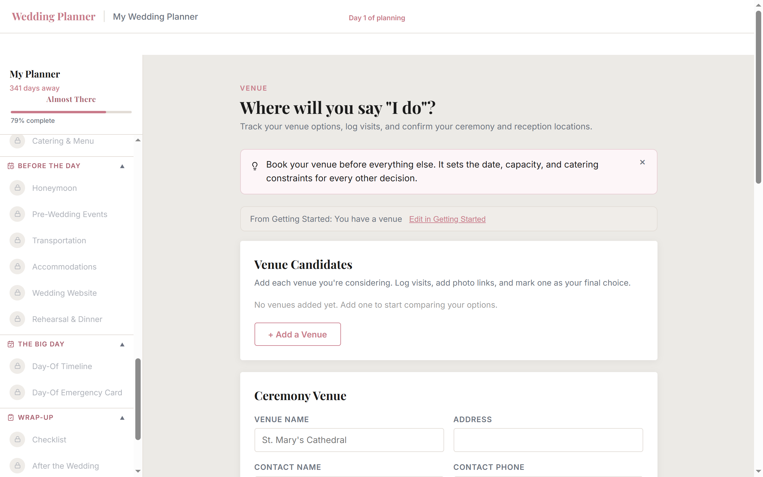 Venue section of the AI Wedding Inspiration wedding planner showing venue candidates and ceremony venue details