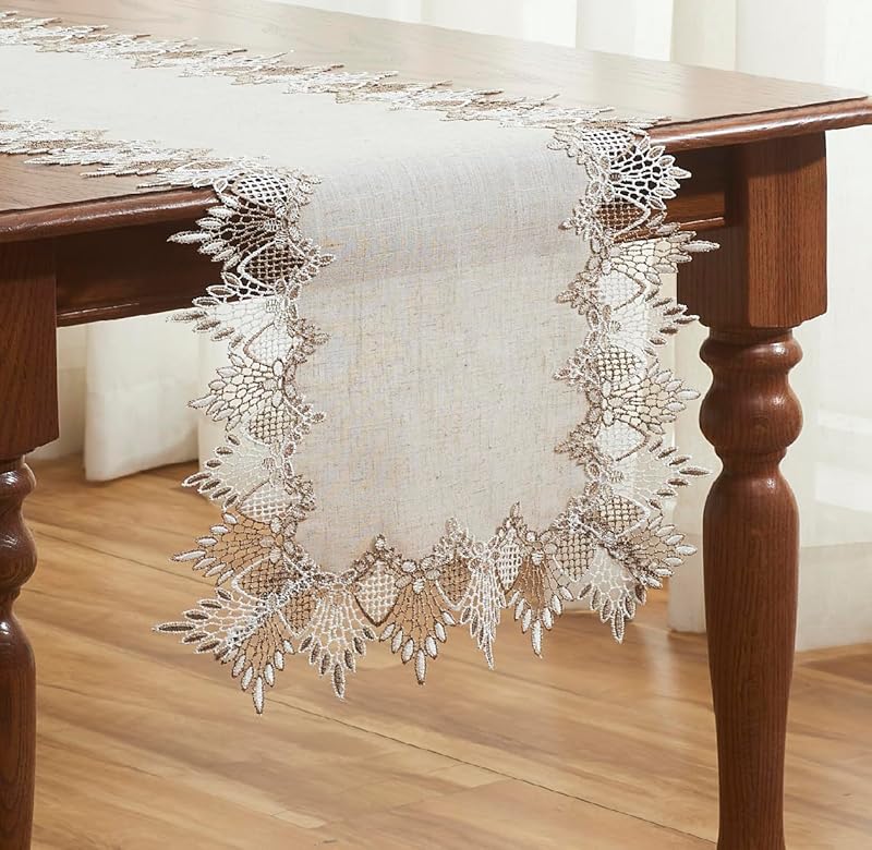 Natural Linen Table Runner, Neutral Beige Lace, 36 Inch