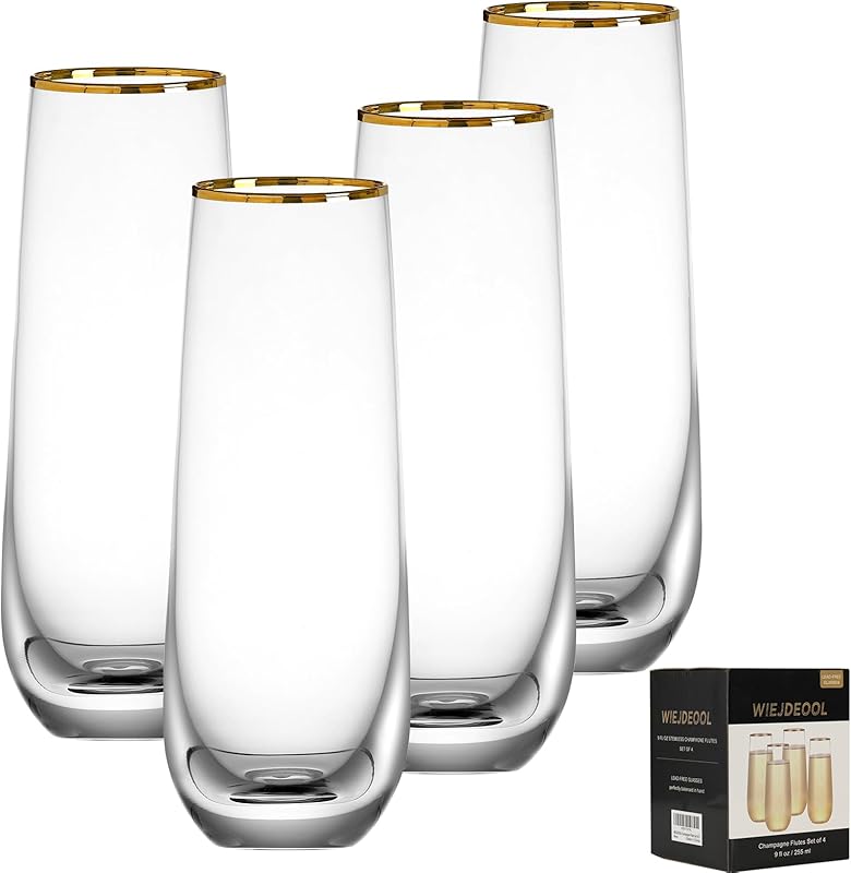 Stemless Champagne Flutes Set of 4, Gold Rim