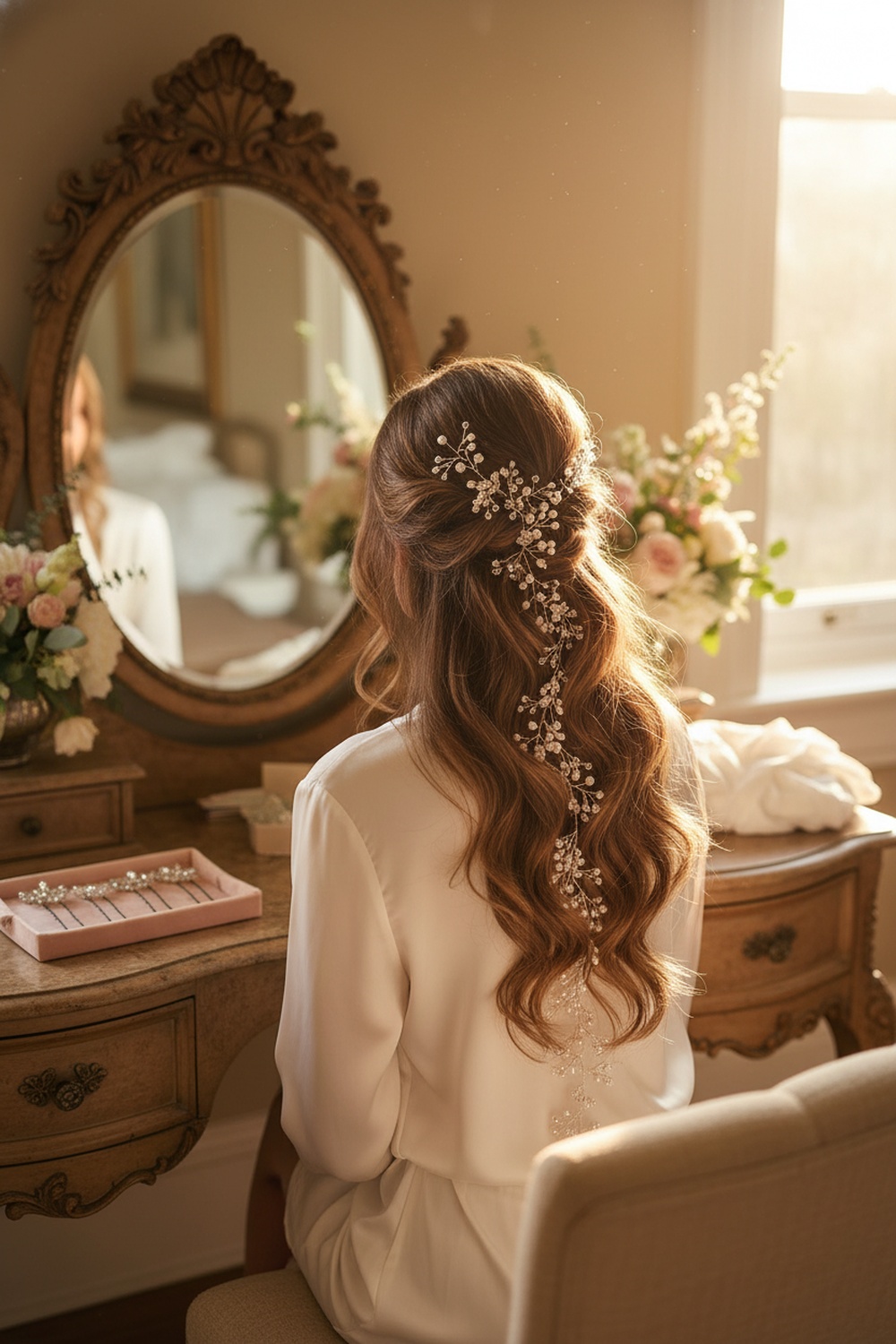 Long Pearl & Crystal Bridal Hair Vine - Lifestyle