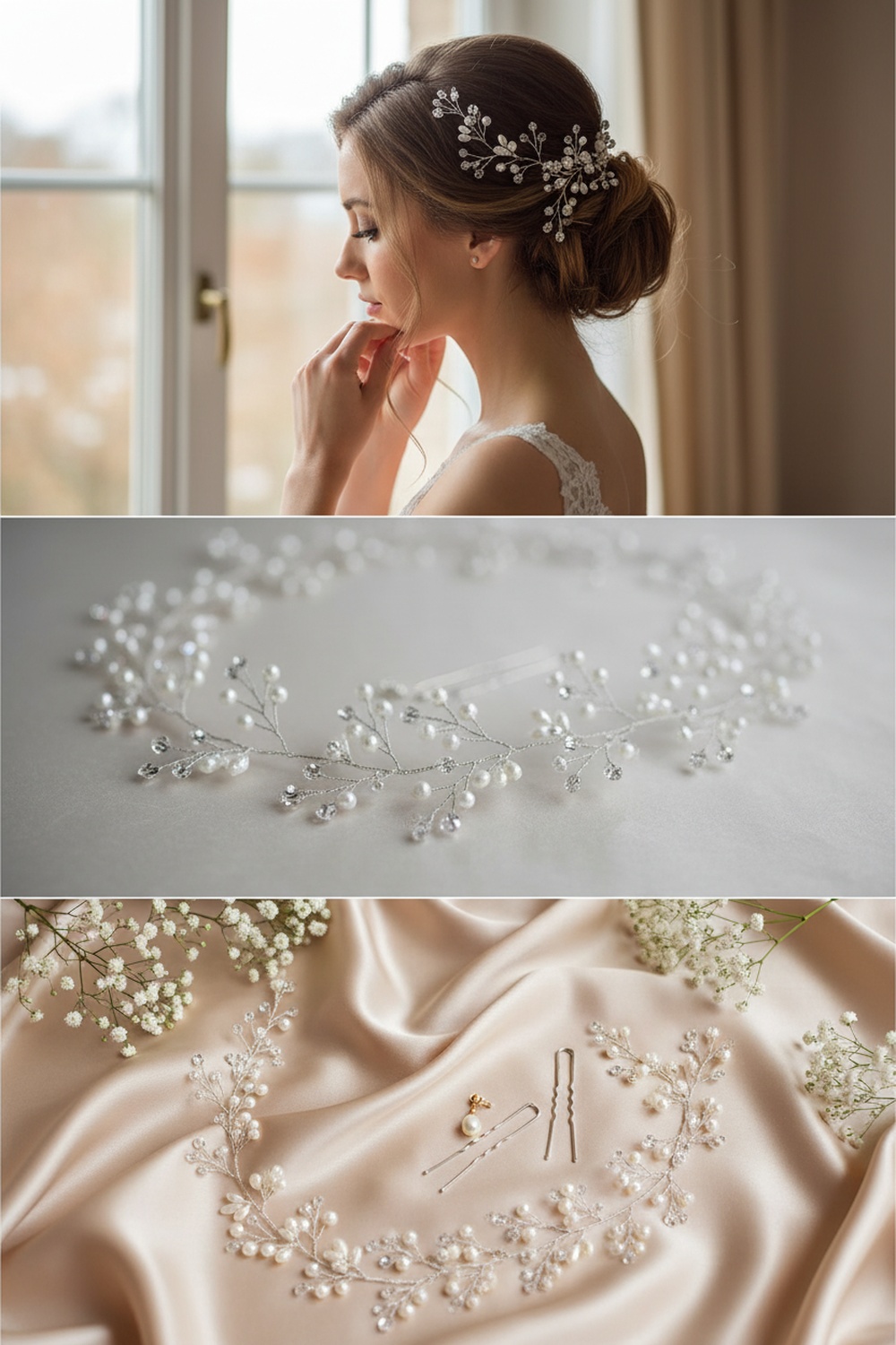 Long Pearl & Crystal Bridal Hair Vine - Triptych