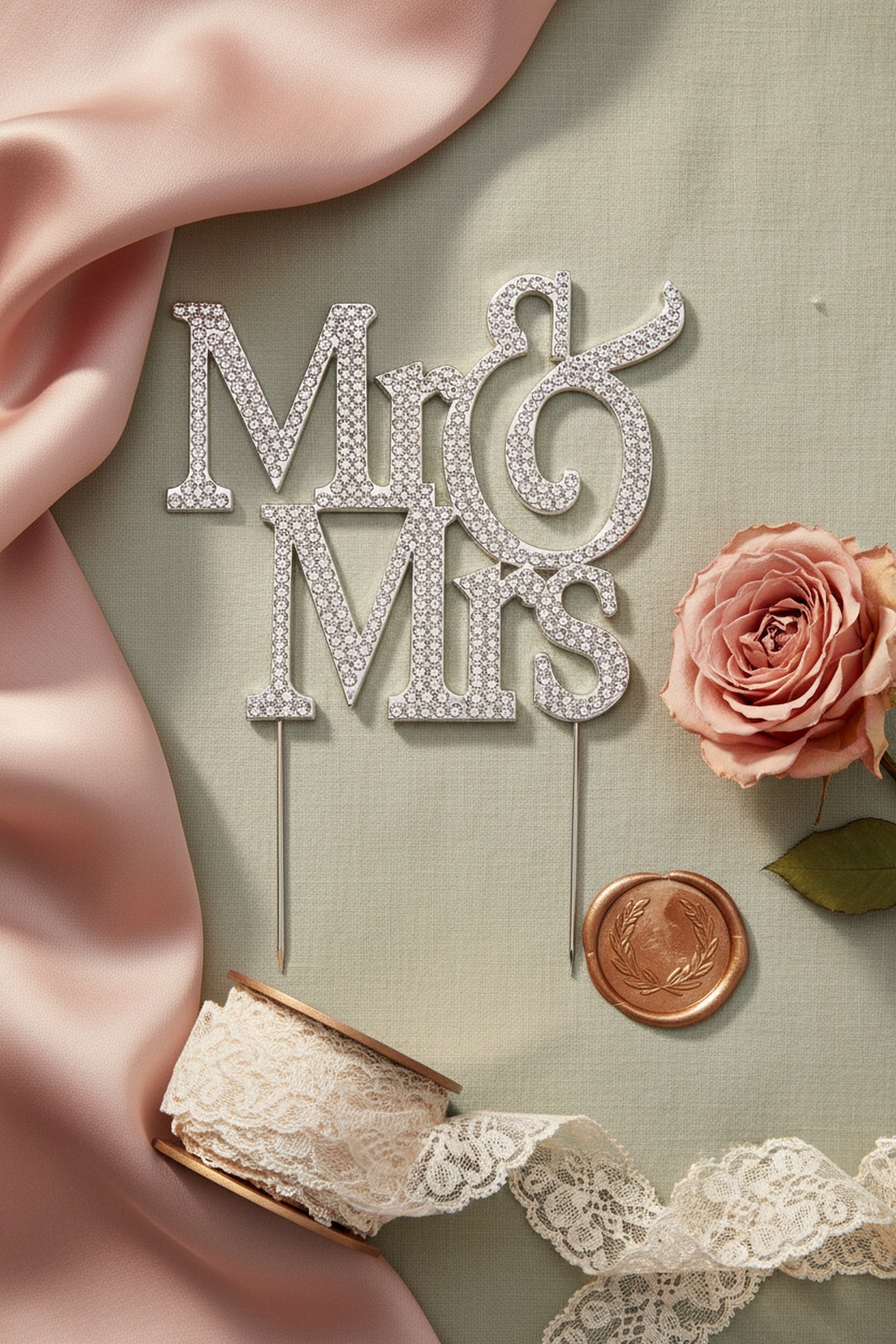 Mr and Mrs Wedding Cake Topper, Premium Silver Metal - Color Story