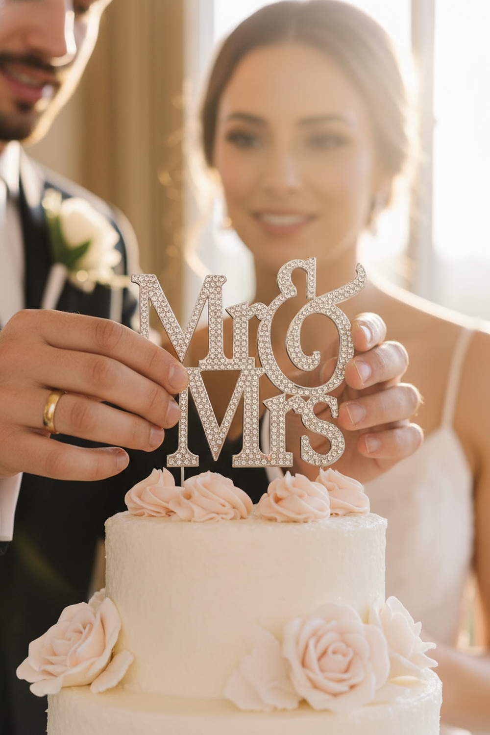 Mr and Mrs Wedding Cake Topper, Premium Silver Metal - Emotional Moment
