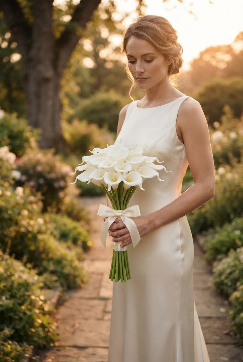Bride in a sleeveless ivory satin gown holding a white real touch calla lily bouquet tied with an ivory satin bow on a garden path at golden hour