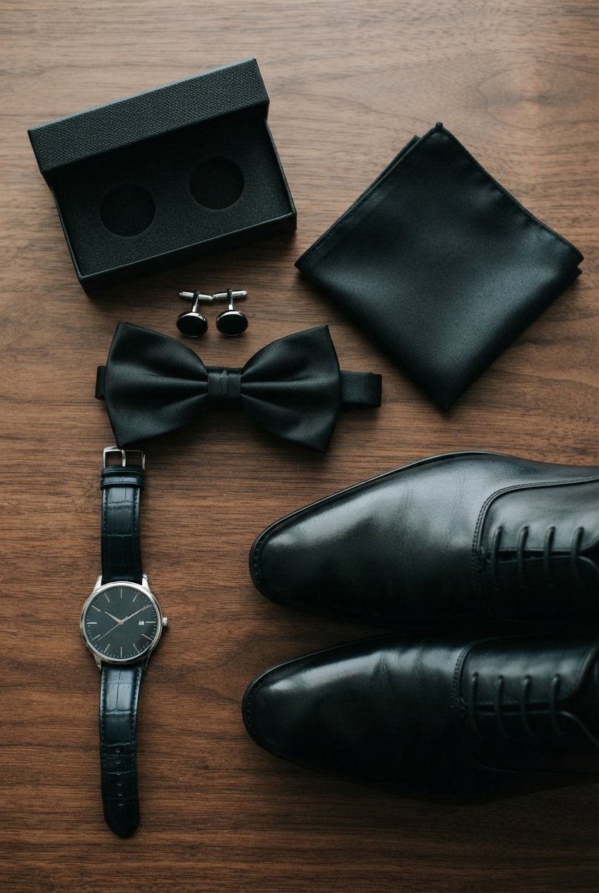 Flat lay on dark wood of a black pre-tied bow tie, a black pocket square, a pair of round black cufflinks and their open black gift box, styled with a watch and black dress shoes