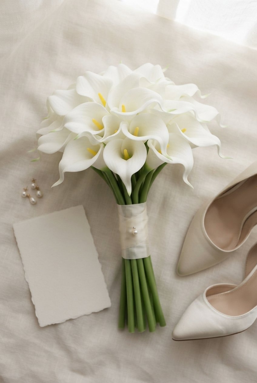 Flat lay of a white artificial calla lily bouquet with an ivory ribbon band and pearl pins around the green stems, on cream linen beside a blank card, pearl earrings and ivory heels