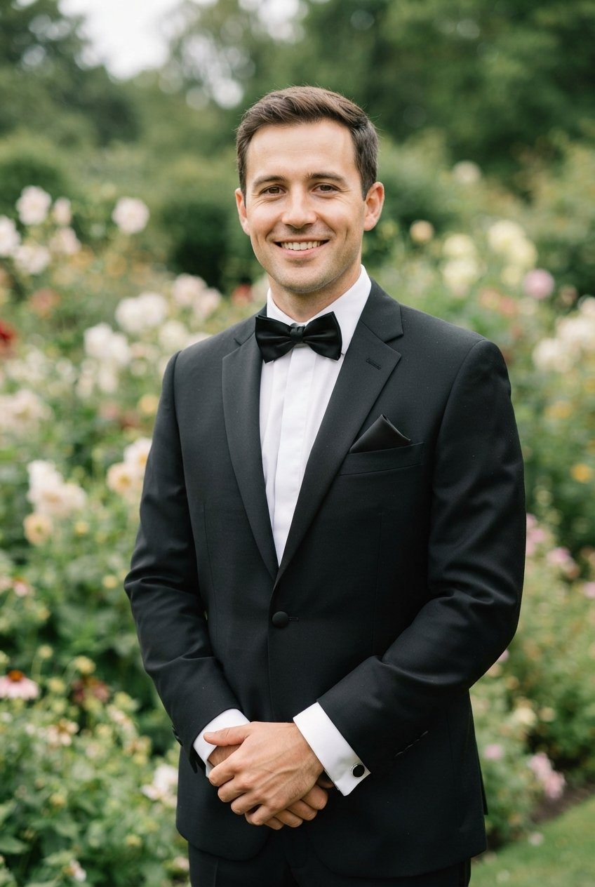 Smiling groom in a black tuxedo with a black bow tie, a black pocket square in a pointed fold and round black cufflinks, standing in a flower garden
