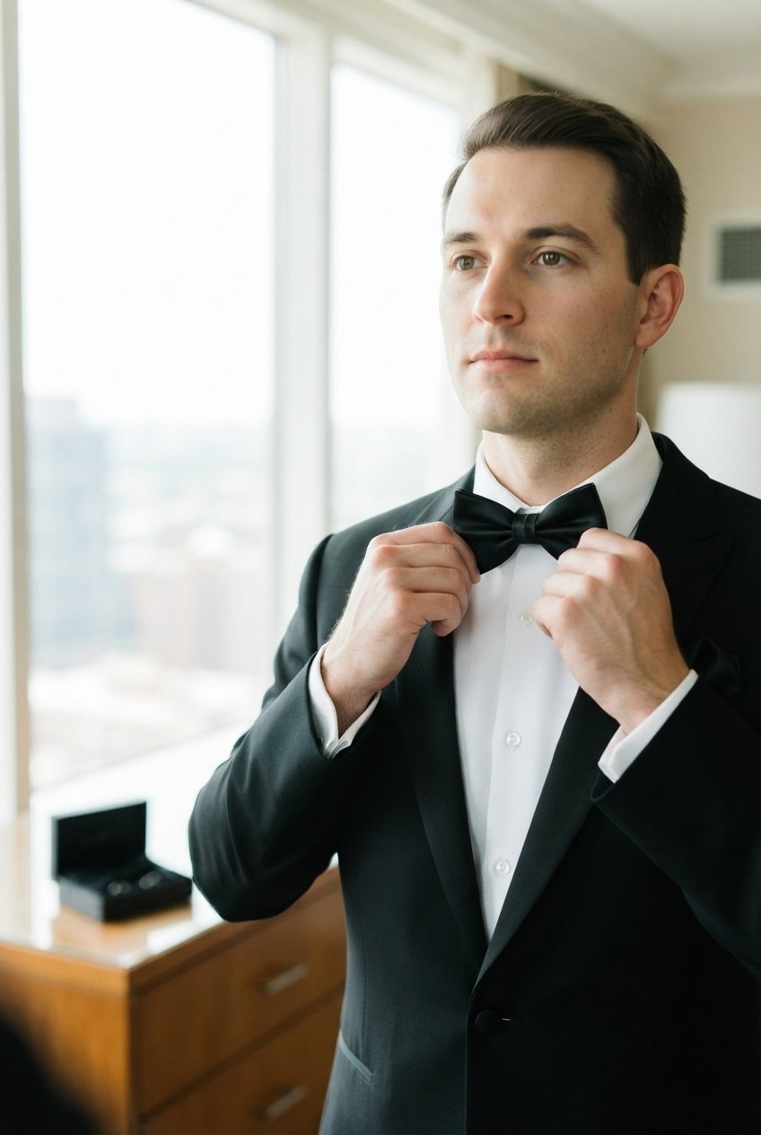 Groom in a black tuxedo straightening a black pre-tied bow tie by a hotel window, with a black cufflink gift box on the dresser behind him
