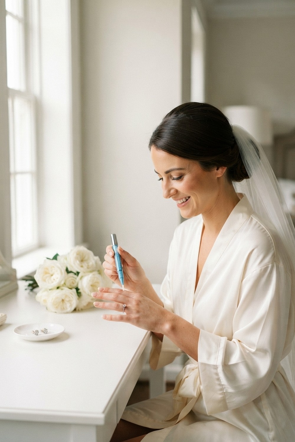 Smiling bride in an ivory robe and veil at a dressing table, holding a sky blue ring cleaner pen just above her hand beside her diamond engagement ring, with white roses