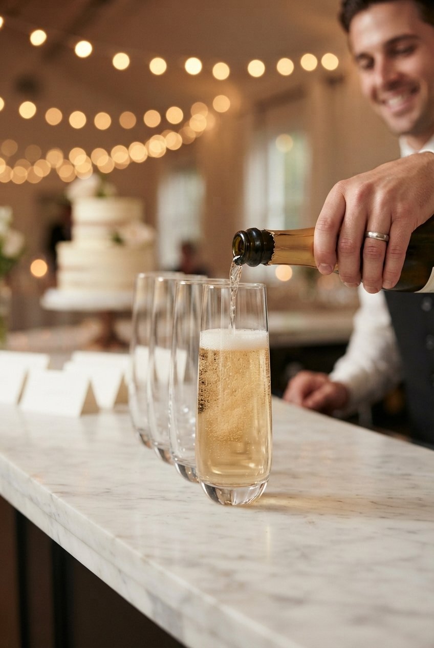 Champagne being poured into a row of clear stemless flutes on a marble bar, with a white wedding cake and string lights behind
