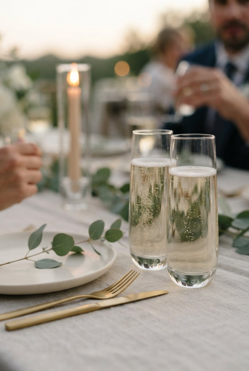 Two clear stemless champagne flutes of sparkling wine on a linen reception table with eucalyptus, a taper candle and gold cutlery