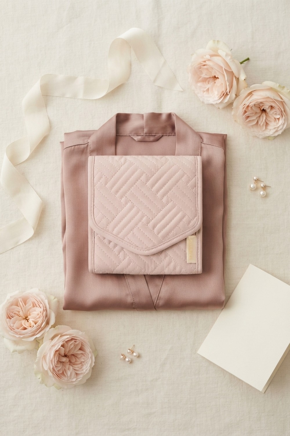 Closed soft pink quilted travel jewelry case on a folded dusty rose satin robe, with blush roses, pearl earrings and a blank card as a bridesmaid gift