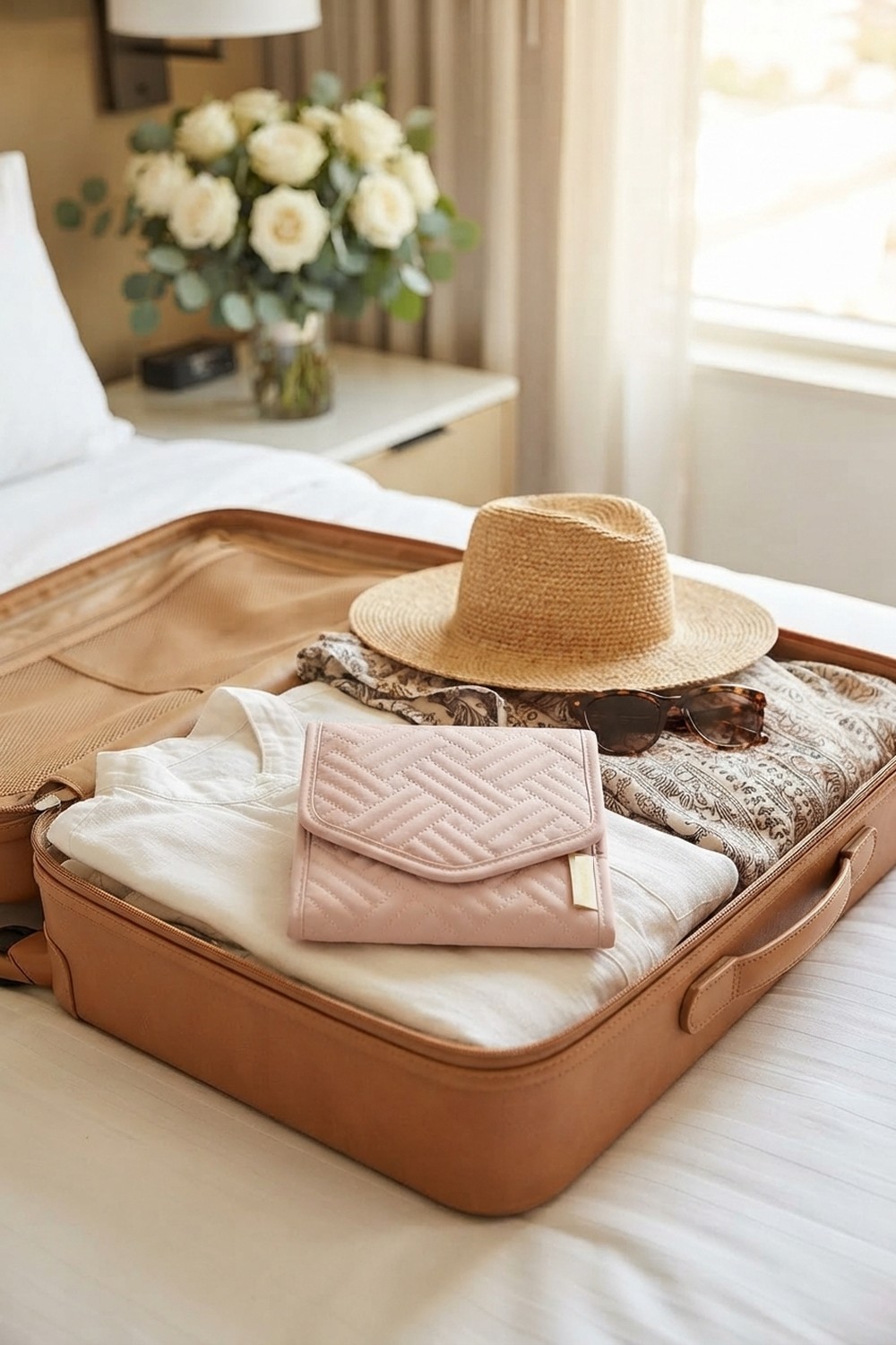 Soft pink quilted travel jewelry case packed on top of linen clothes in an open tan suitcase with a straw hat and sunglasses for the honeymoon