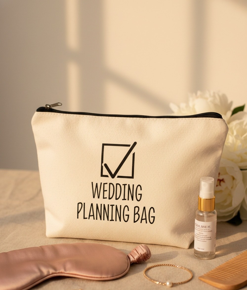 Beige canvas Wedding Planning Bag pouch with a black zipper beside a silk eye mask, a small spray bottle, a bracelet and a comb