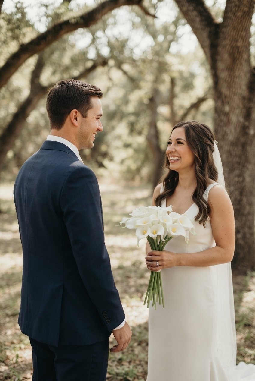 Smiling bride in an ivory gown and veil holding a white faux calla lily bouquet as the groom in a navy suit sees her for the first time under oak trees